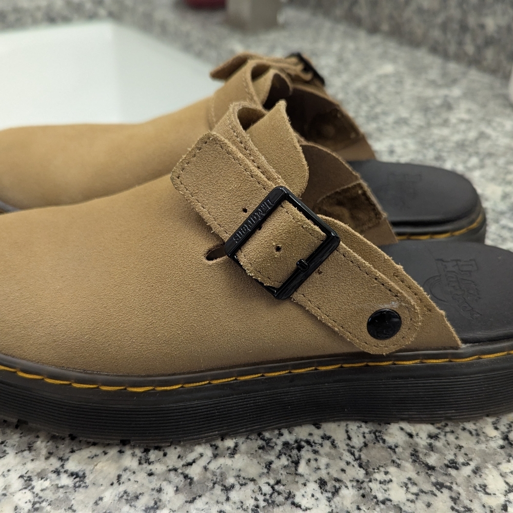 Dr. Martens Tan Suede Slip-On Clog with Black Buckle